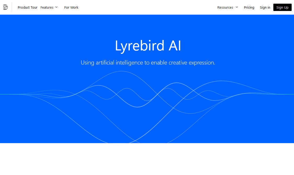 Lyrebird AI homepage with a blue background and white text.